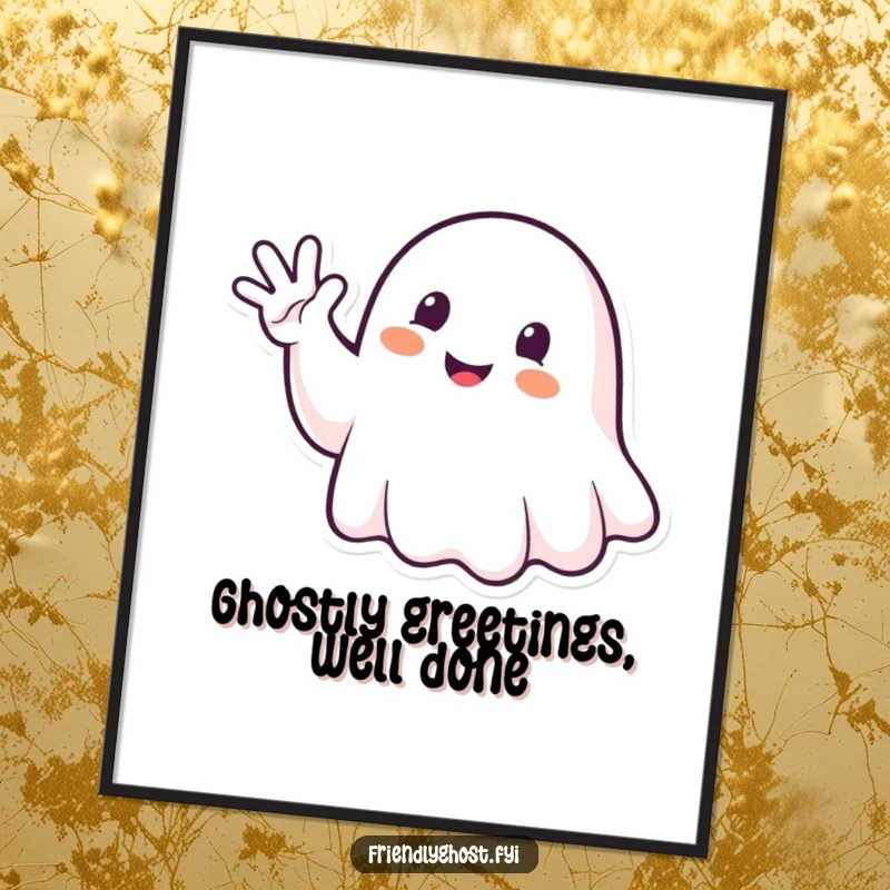 Funny Free Printable Wall Art: Happy ghost character enthusiastically waving with a spectral hand, creating a welcoming and energetic artistic piece, DIY.