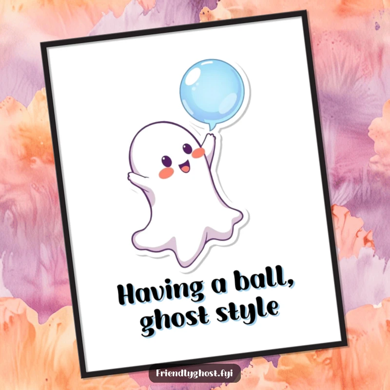 Funny Free Printable Wall Art: A playful ghost character bopping a floating bubble with mischievous glee, perfect downloadable decor.