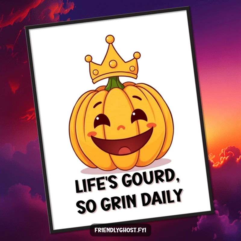 Funny Free Printable Wall Art: Surprised pumpkin with a playful grin and tiny lopsided crown, a whimsical decor piece.