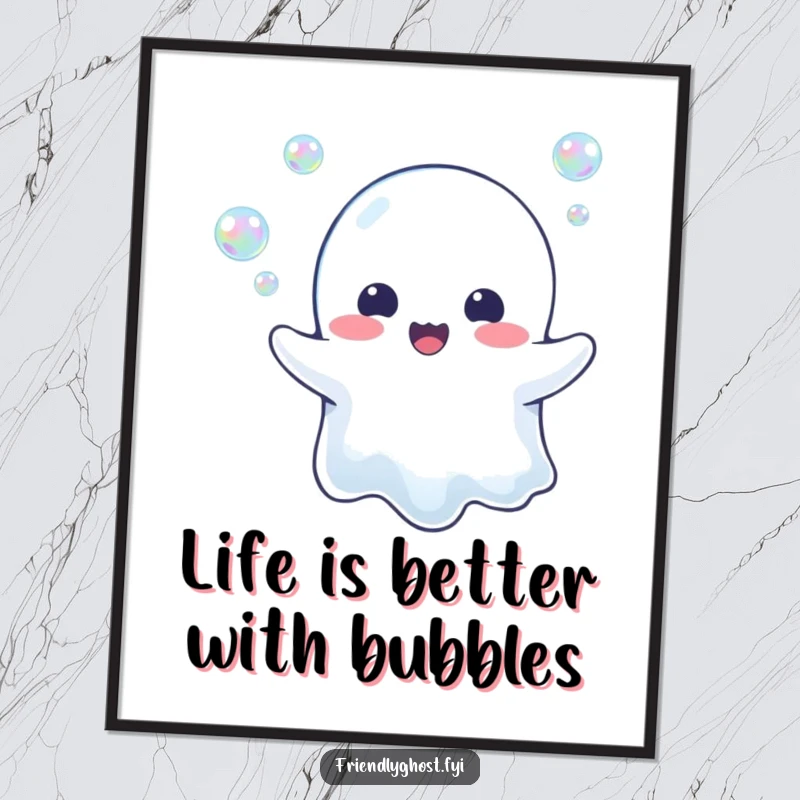 Funny free printable wall art: Ghost happily blowing iridescent bubbles, creating a cheerful and whimsical atmosphere.