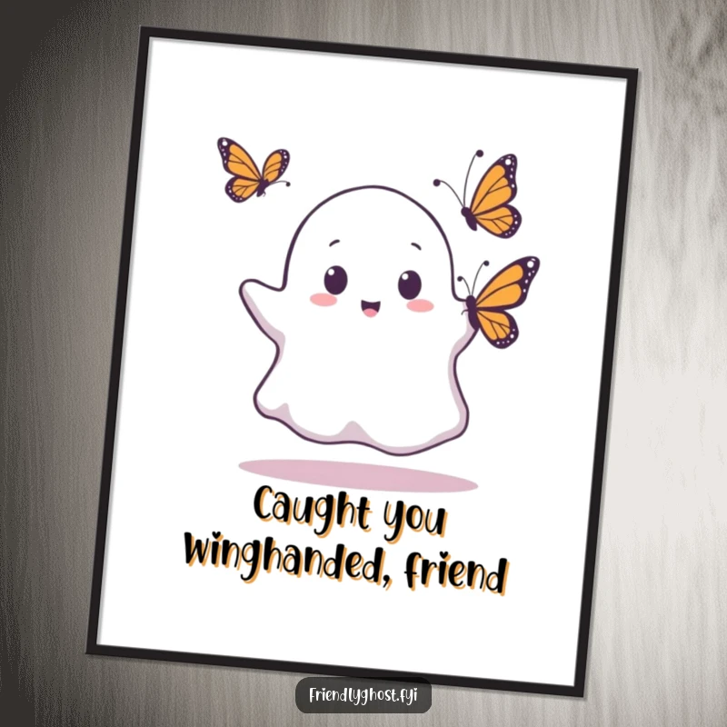 Funny Free Printable Wall Art: A ghost reacts with shock to a butterfly landing, adding humor to decor.