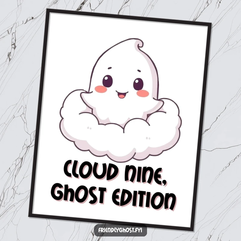 Funny free printable wall art: Ghost playfully peeking out from a soft, fluffy cloud, creating a whimsical and cute scene.