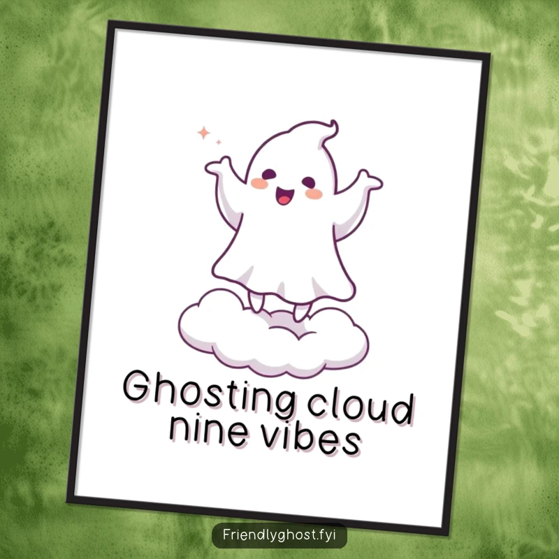 Funny Free Printable Wall Art: Ghost doing a happy little jig on a cloud, adding whimsical charm.