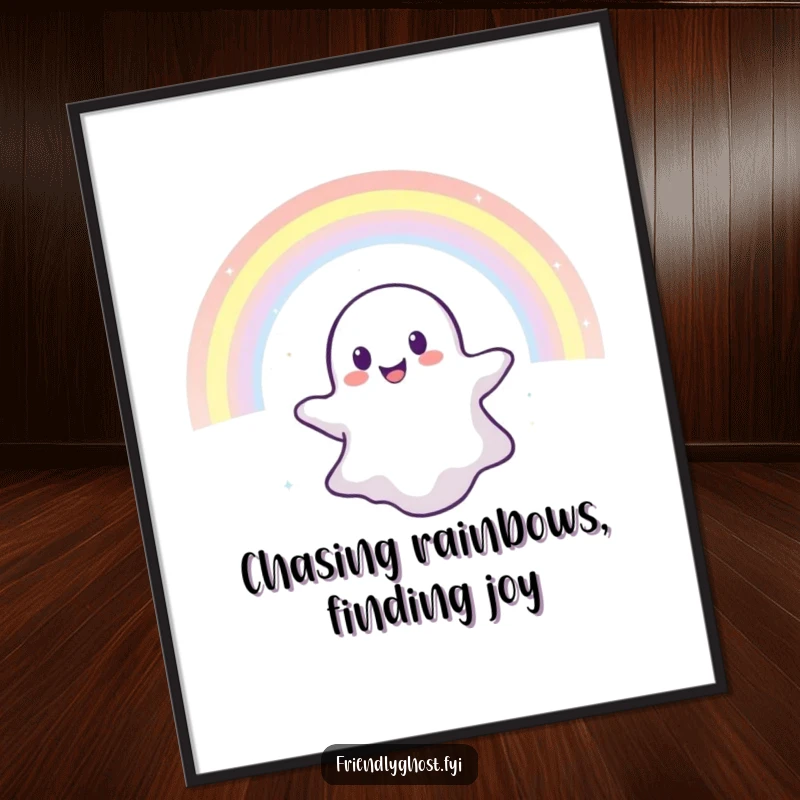 Funny Free Printable Wall Art: A cheerful, translucent ghost joyfully floats suspended within a vibrant, sparkling rainbow, creating a magical scene.