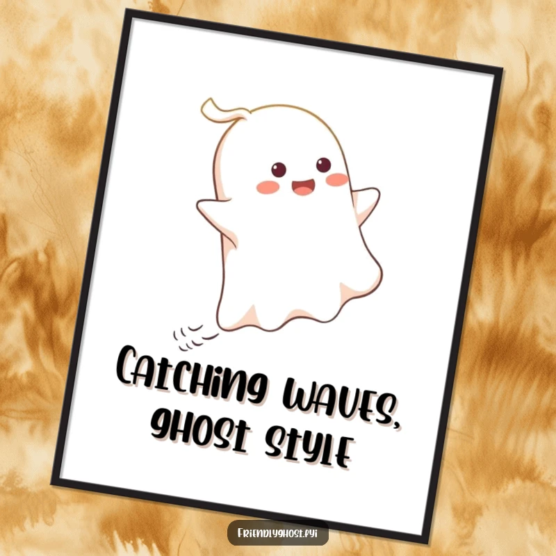 Funny free printable wall art: Ghost gleefully riding a playful gust of wind, adding whimsical and humorous decor.