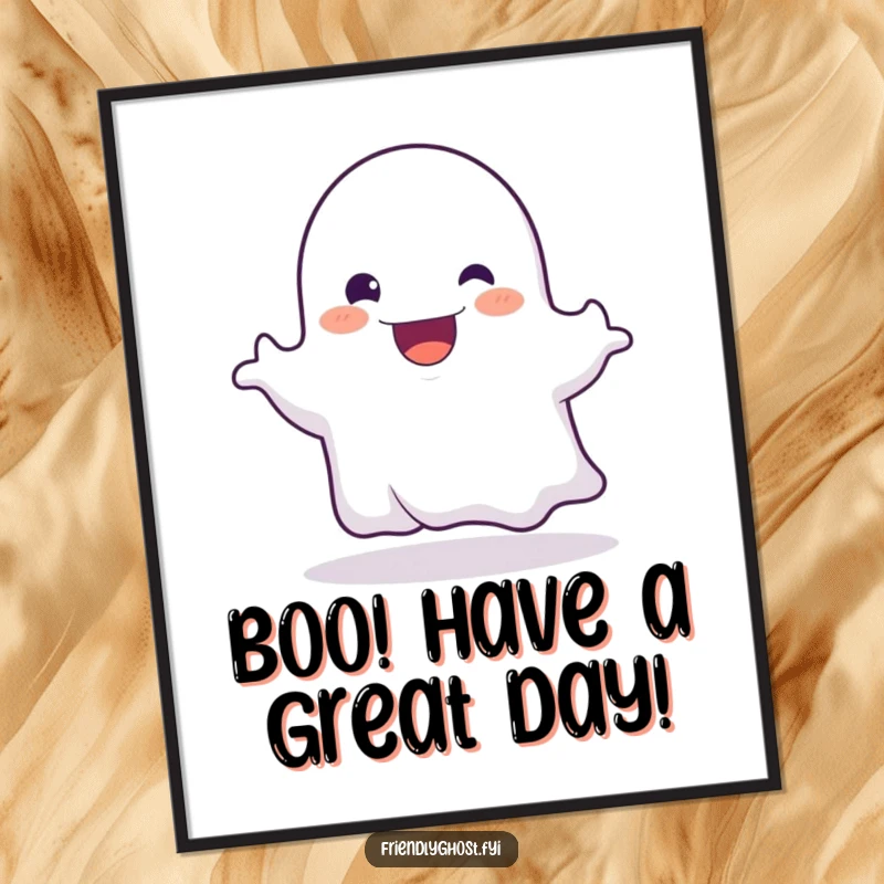 Funny Free Printable Wall Art of a friendly ghost character playfully booing with a wide, happy grin.