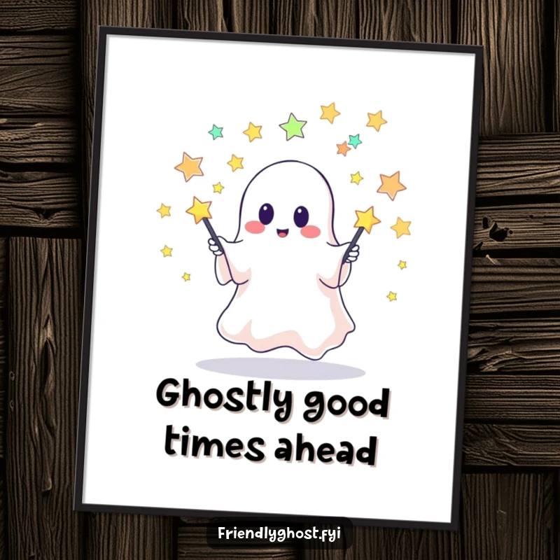 Funny Free Printable Wall Art: A happy ghost performs a dazzling juggling act with pins shaped like tiny stars
