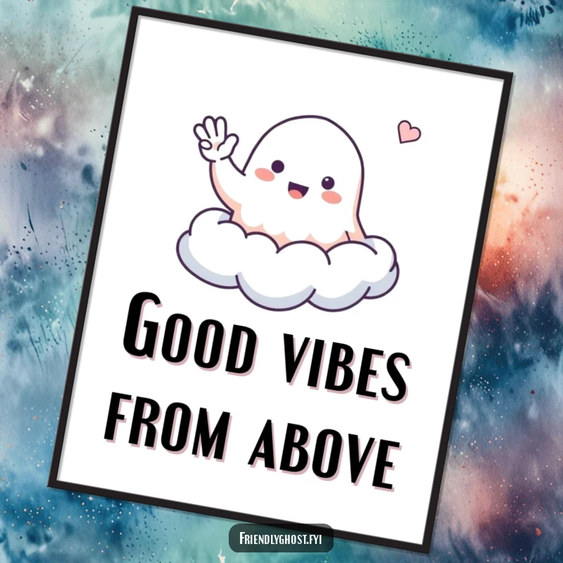 Funny Free Printable Wall Art: A small, cute ghost character waving a friendly greeting from its perch on a soft cloud.