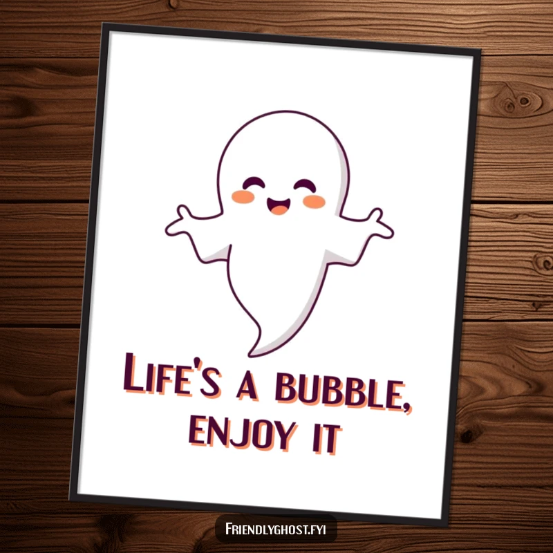 Funny Free Printable Wall Art: A smiling ghost with outstretched arms lovingly embraces a large, transparent bubble, creating a whimsical scene, downloadable art.