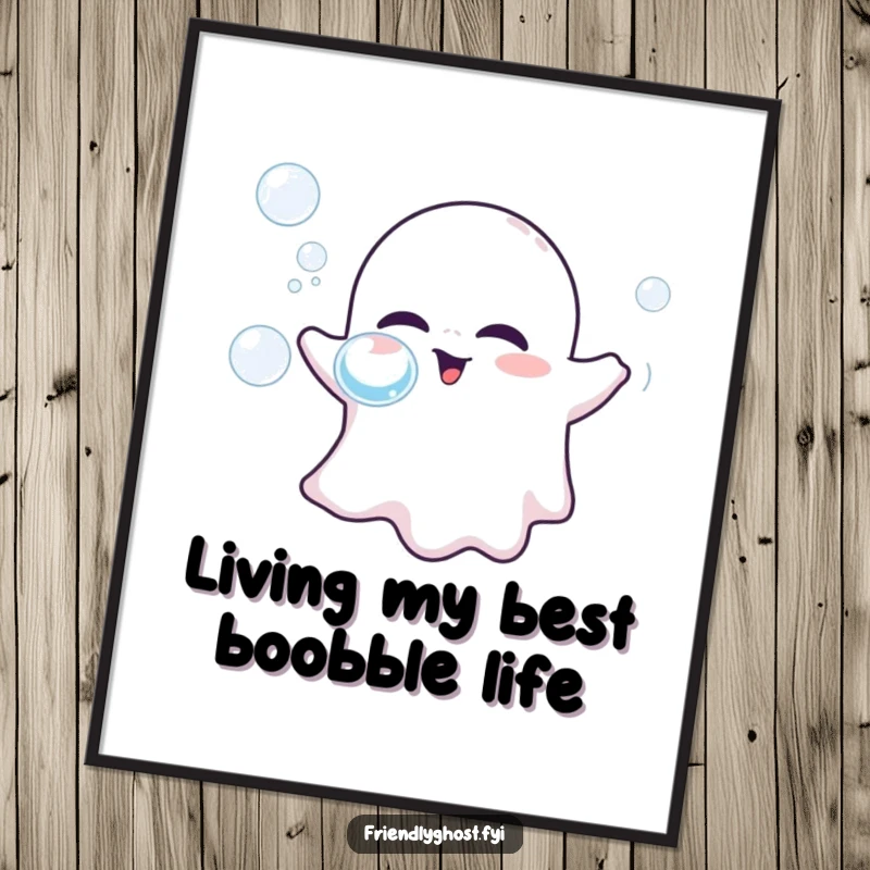Funny Free Printable Wall Art: A friendly, translucent ghost playfully blows a cascade of shimmering bubbles, creating a magical atmosphere.