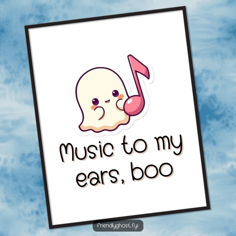 Funny Free Printable Ghost music wall art: a shy ghost peeks from behind a floating music note, adding a touch of quiet humor.