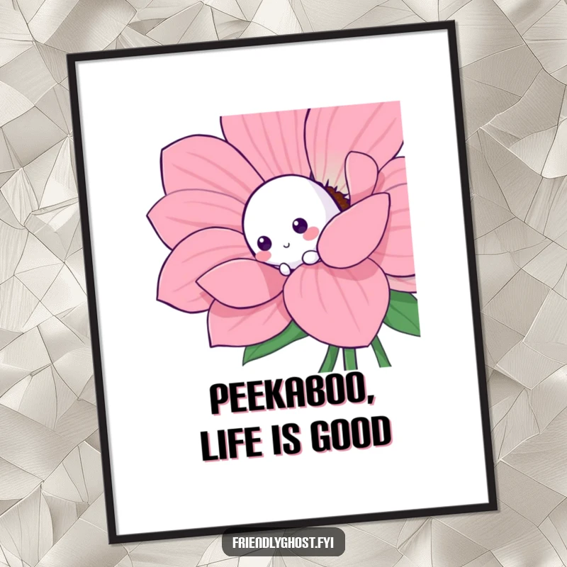 Funny Free Printable Wall Art: A cute, shy ghost character playfully peeking with wide eyes from behind a large, colorful bloom.