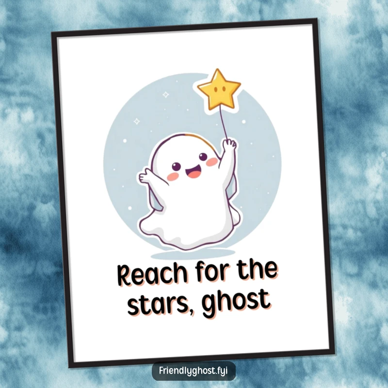 Funny free printable wall art: a ghost joyfully catches a bright falling star.