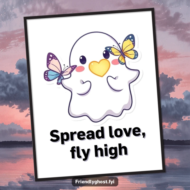 Funny Free Printable Wall Art: A friendly ghost character tenderly offering a softly glowing heart to a beautiful butterfly.