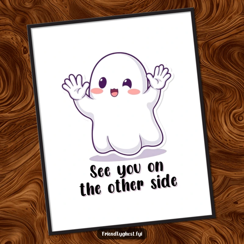 Funny free printable wall art: a happy ghost waves enthusiastically with its translucent hand.