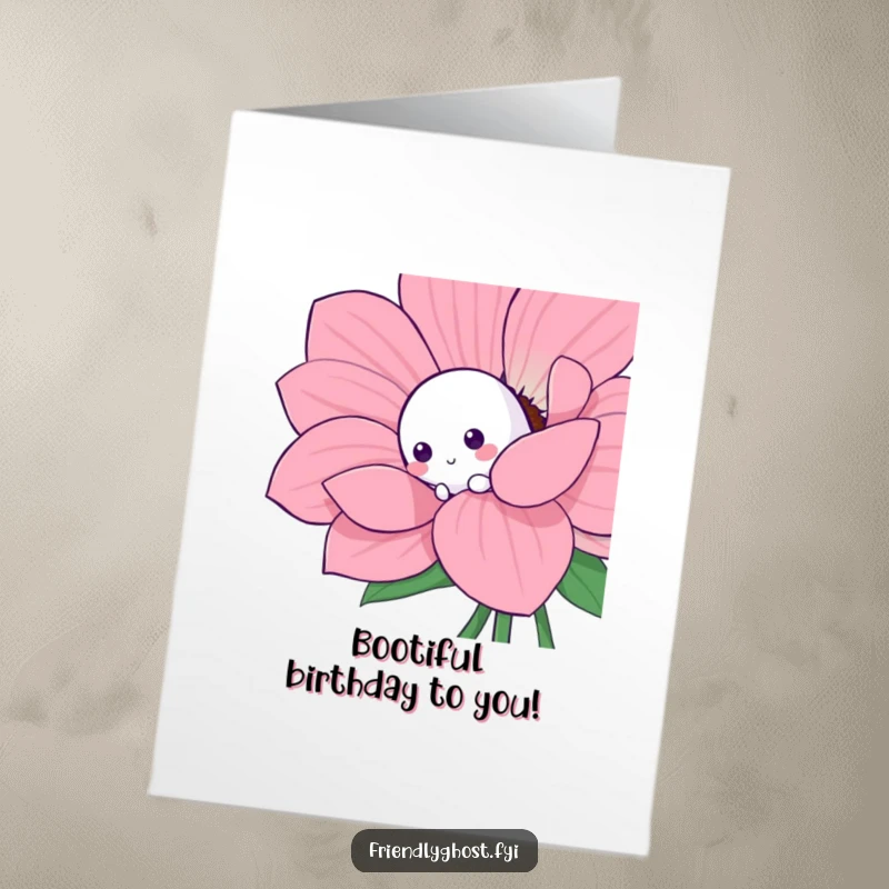 Funny Free Printable Birthday Card: A shy white ghost playfully peeking from behind a vibrant, oversized flower.