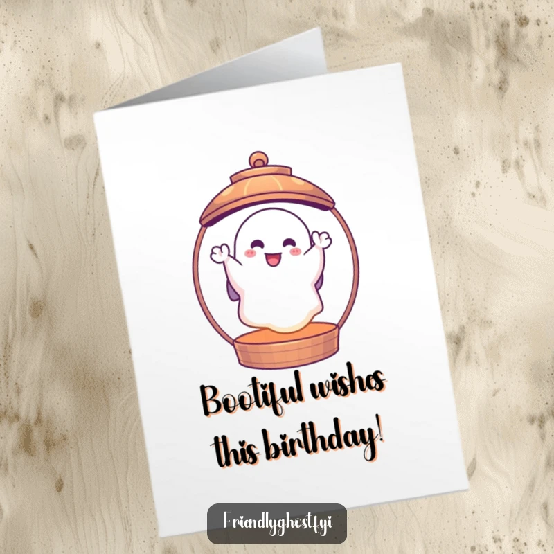 Funny Free Printable Happy Birthday card featuring a cheerful ghost waving happily from inside a glowing lantern, a delightful DIY gift.