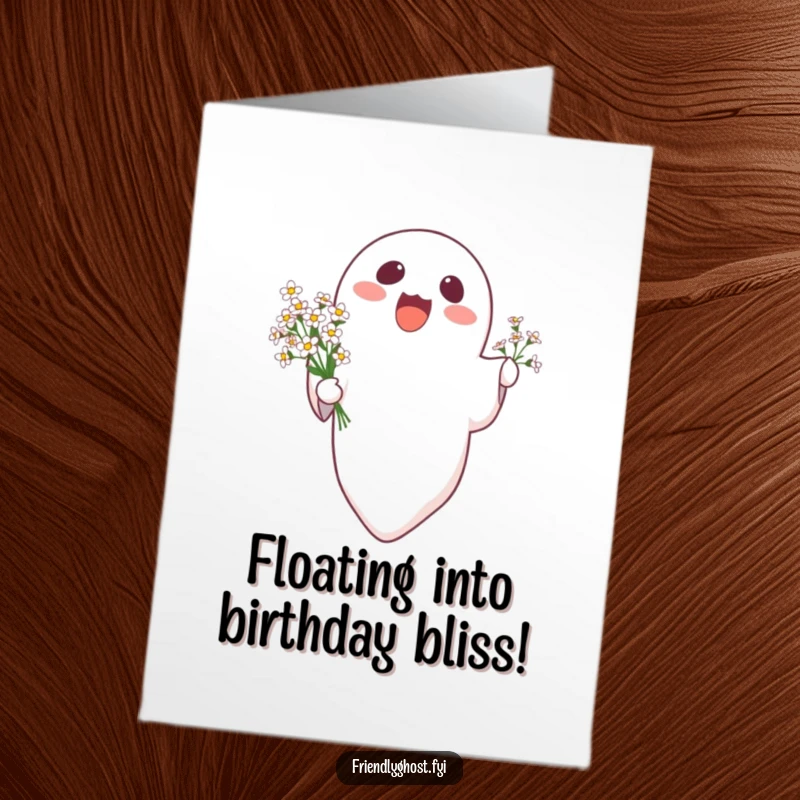 Funny Free Printable Birthday Card: Delighted ghost floating upwards holding a bouquet of tiny flowers.