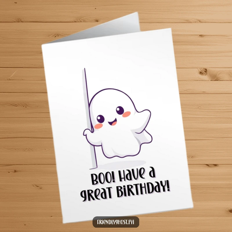 Funny Free Printable Birthday Card: Smiling ghost peeking mischievously around a corner, offering a humorous, downloadable greeting.