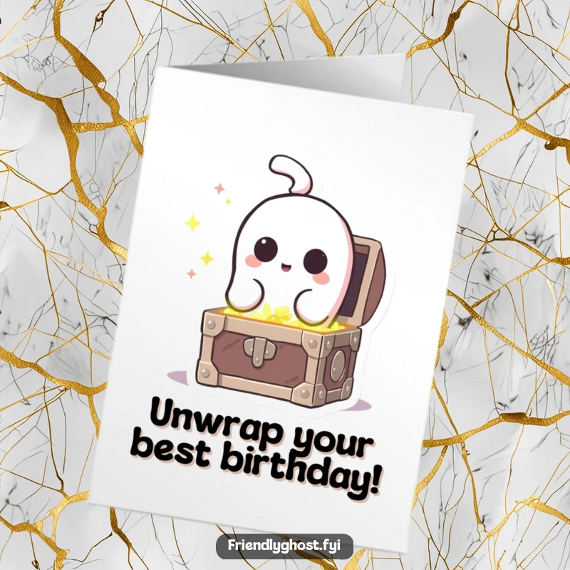 Funny Free Printable Birthday Card: Ghost curiously peeking into a sparkling treasure chest, full of wonder.
