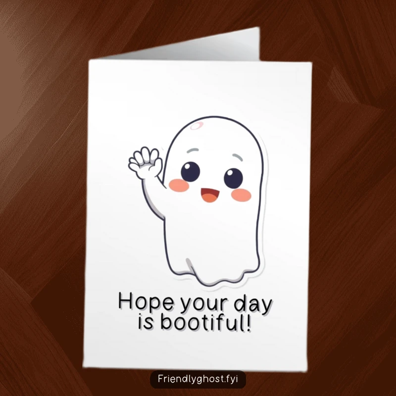 Funny Free Printable Birthday Card: A cheerful ghost with a big smile happily waves hello, ready to celebrate your special day.