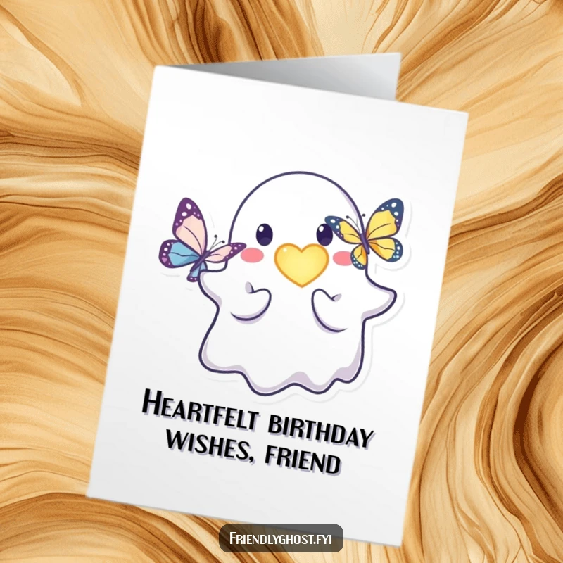 Funny Free Printable Birthday Card: A friendly ghost character gently offering a bright, glowing heart to a delicate butterfly.