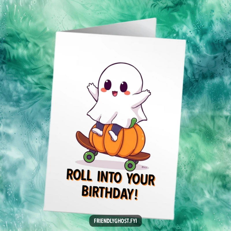 Funny Free Printable Birthday Card featuring a ghost riding a pumpkin like a skateboard, exuding fun and birthday cheer.