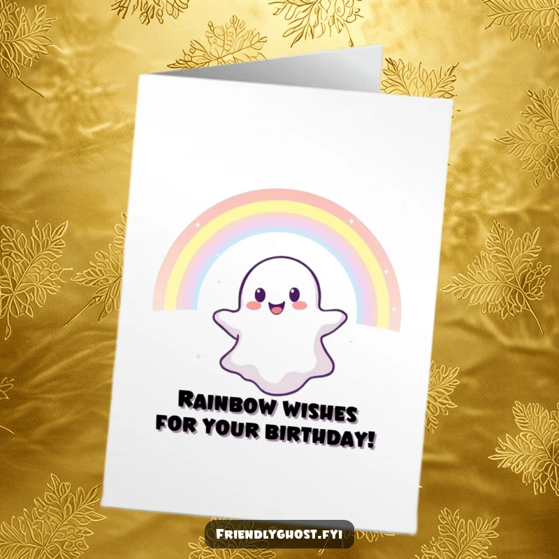 Funny Free Printable Birthday Card: A joyful, transparent ghost happily drifts through a vibrant, shimmering rainbow, radiating pure bliss.