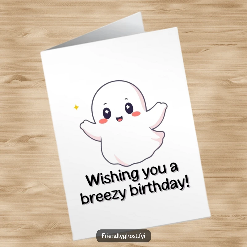 Funny Free Printable Birthday Card: A ghost with twinkling eyes joyfully rides upon a gentle breeze, sending happy birthday wishes, print at home.