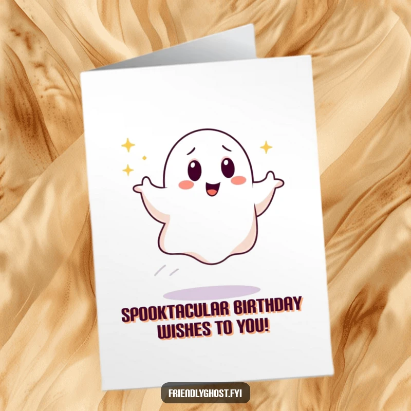 Funny Free Printable Birthday Card: Giggling ghost with sparkling trail, radiating joy, perfect for a downloadable gift.
