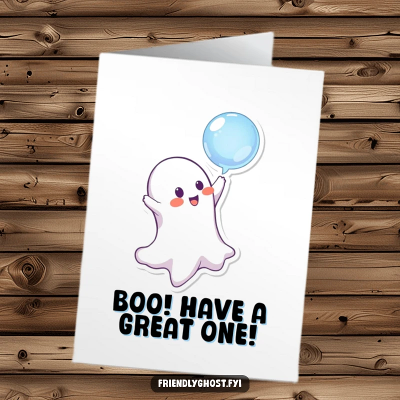 Funny Free Printable Birthday Card: Playful ghost mischievously bopping a floating bubble, perfect for a unique DIY gift.