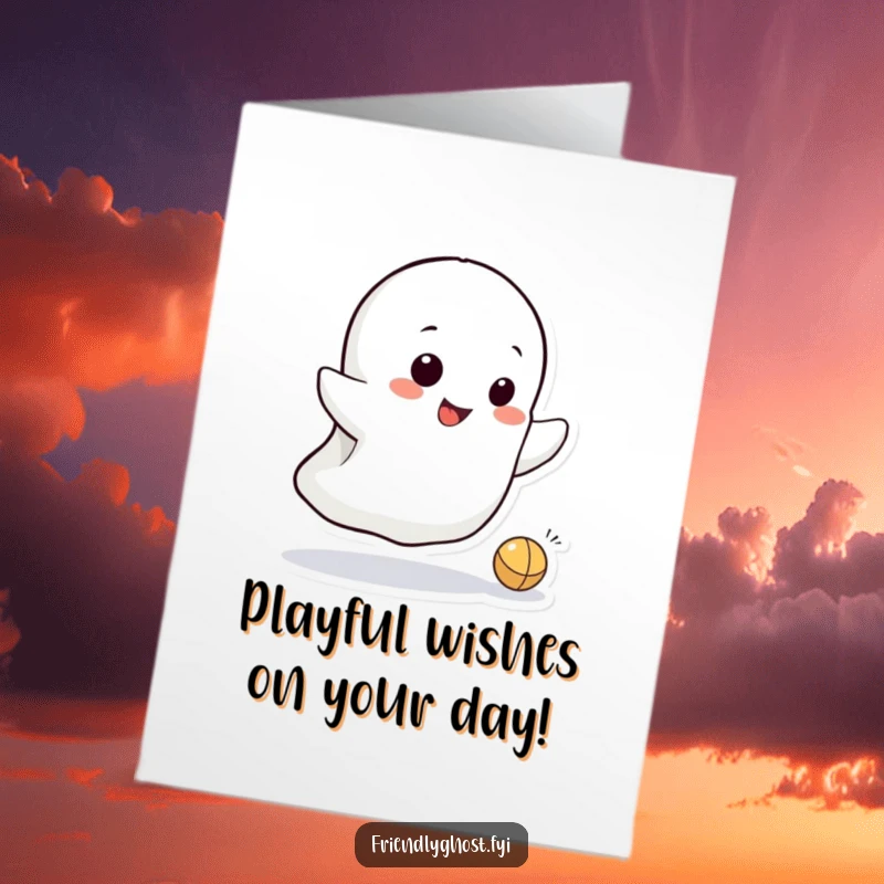 Funny Free Printable Birthday Card: A small ghost with a mischievous grin playfully bounces a tiny ball, ready for birthday fun.