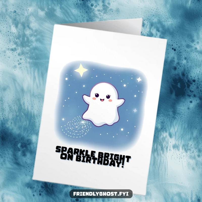 Funny Free Printable Birthday Card: Gentle ghost smiling leaves sparkling path in night sky, perfect for a magical DIY gift.