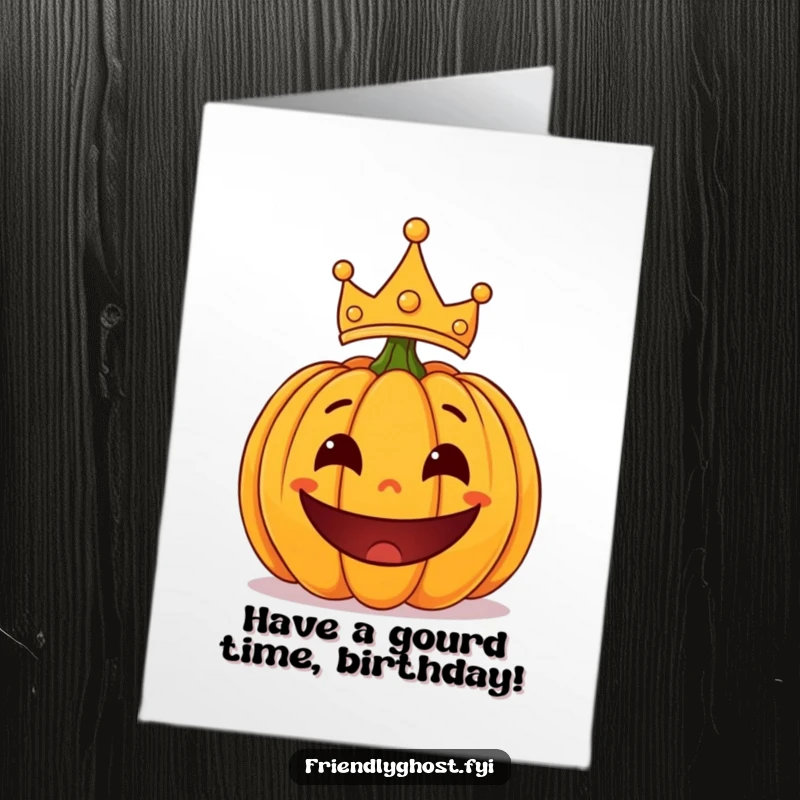Funny Free Printable Birthday Card: Surprised pumpkin with playful grin wearing a lopsided crown, a royal birthday surprise.