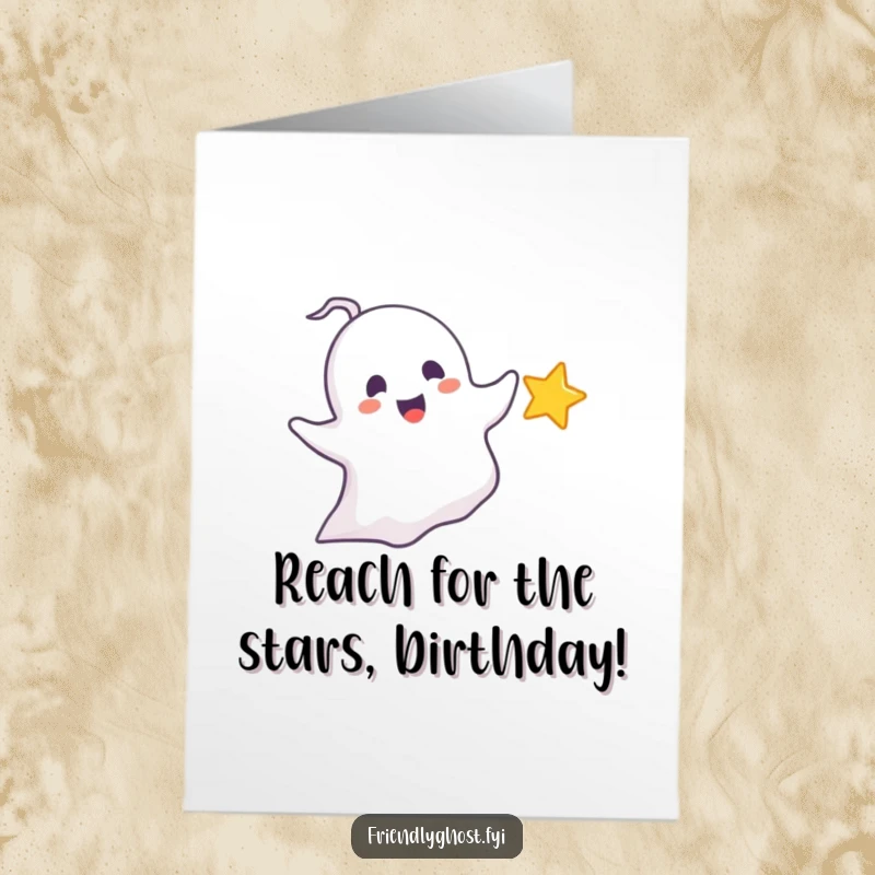 Funny Free Printable Happy Birthday card: a delighted ghost playfully chases a tiny, sparkling star, wishing them celestial joy.