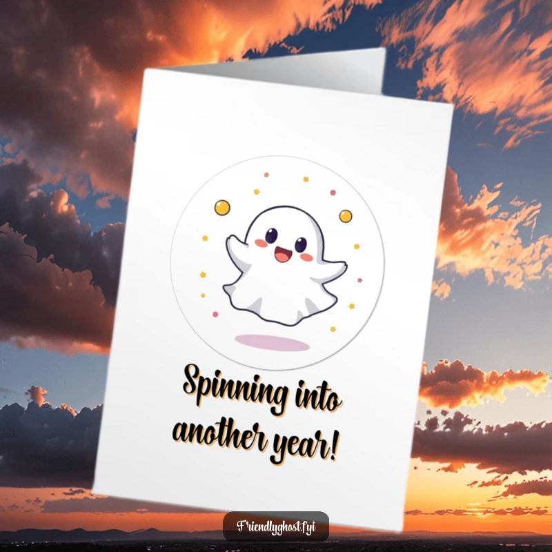 Funny Free Printable Birthday Card: Round ghost spinning joyfully, perfect for a hilarious and energetic DIY gift.
