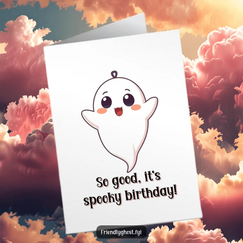 Funny Free Printable Birthday Card: Innocent ghost giggling upside down, perfect for a hilarious DIY gift.