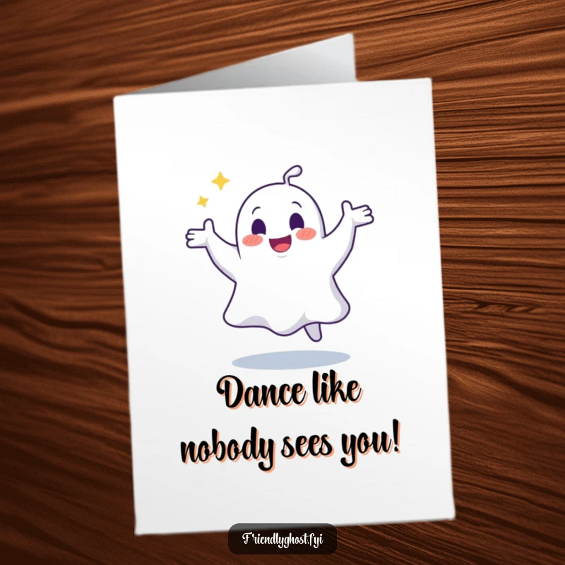 Funny Free Printable birthday card showing a joyful ghost performing a silly, energetic, wobbly dance.