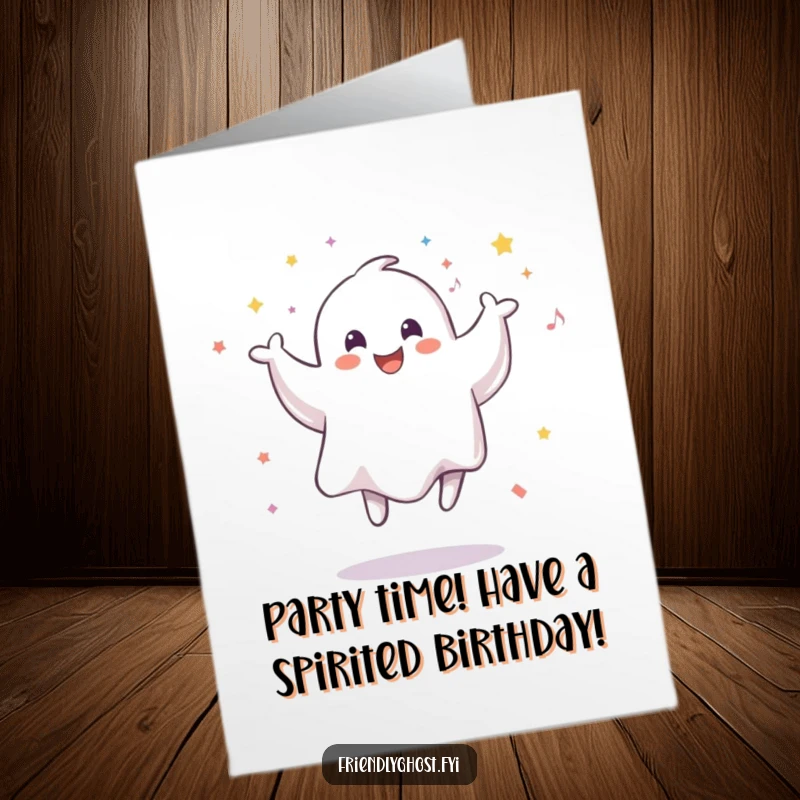 Funny Free Printable birthday card showing a smiling ghost joyfully jumping amidst a shower of colorful confetti.