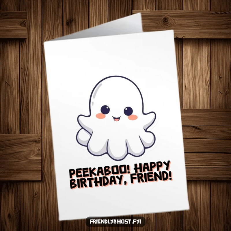 Funny Free Printable birthday card showing a little ghost playfully peeking out from behind a fluffy white cloud.