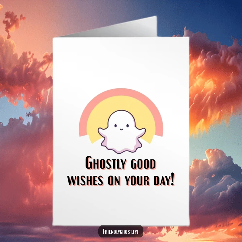 Funny Free Printable birthday card featuring a tiny ghost happily floating through a vibrant, radiant rainbow in the sky.