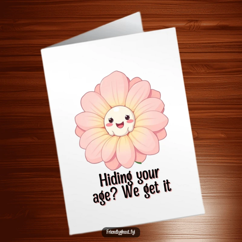 Funny free printable birthday card: a shy ghost peeks from behind a huge, happy flower.