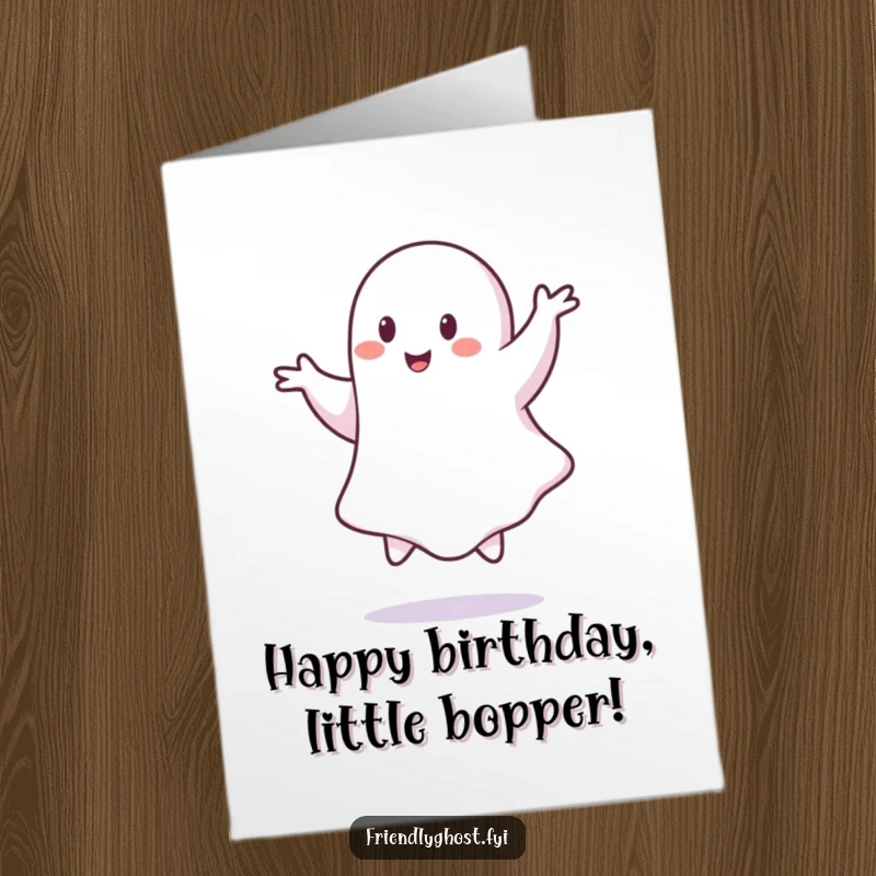 Funny Free Printable Birthday Card: Energetic ghost performing a joyful pirouette mid-air, a humorous downloadable dancing greeting.