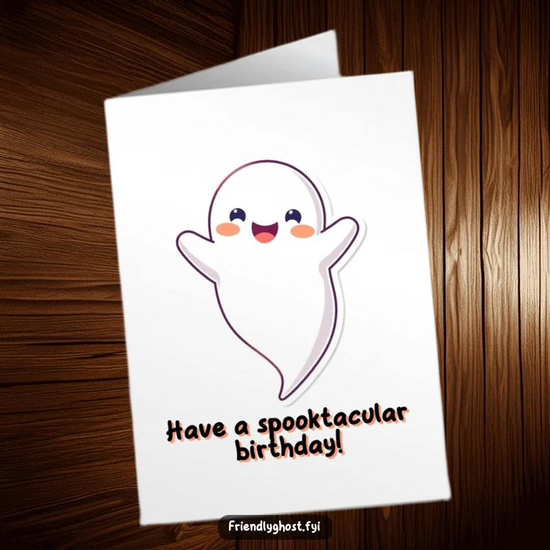 Funny Free Printable Happy Birthday card featuring a friendly ghost floating happily upside down with a big smile, a quirky greeting.