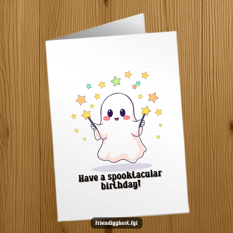 Funny Free Printable Birthday Card: A cheerful, cute ghost expertly juggles sparkling star-shaped pins