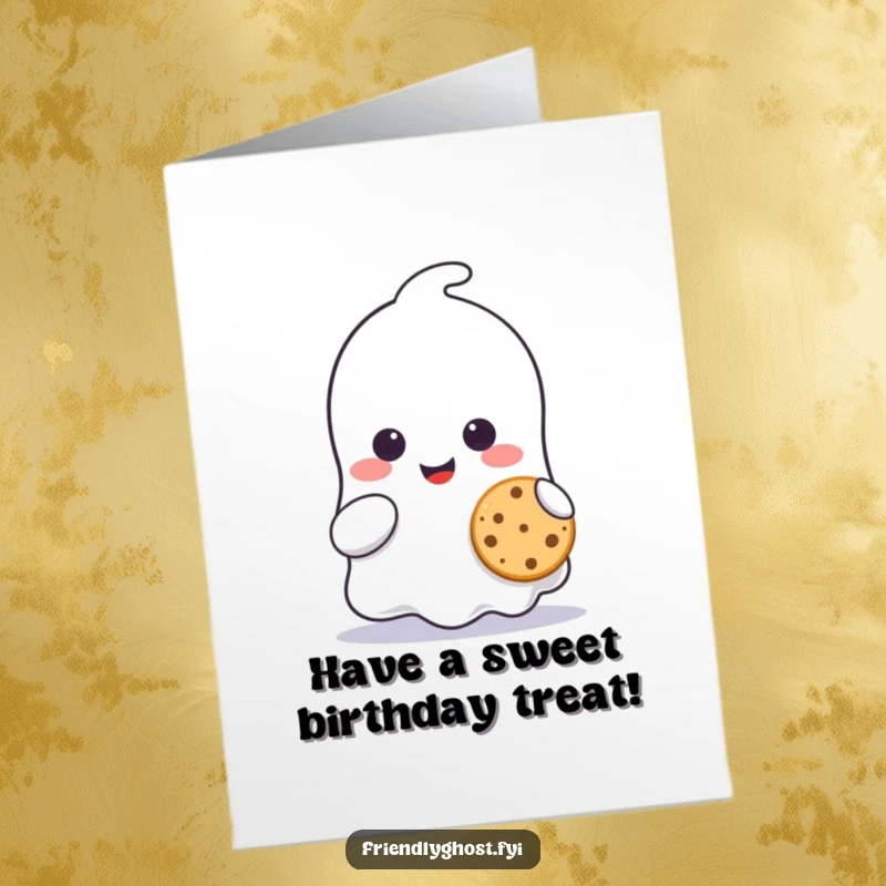 Funny free printable birthday card with a cute ghost smiling while sharing a tiny cookie, a gesture of sweet friendship.