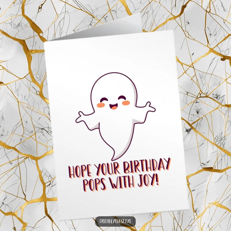 Funny Free Printable Birthday Card: A smiling ghost with big eyes warmly embraces a large floating bubble, spreading birthday cheer, print at home.