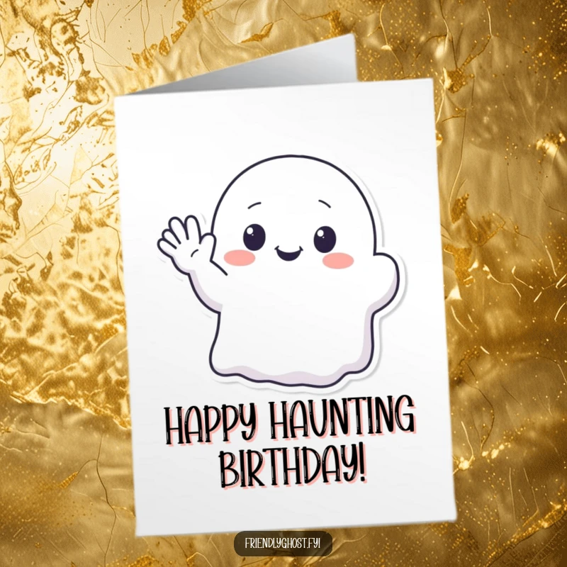 Funny Free Printable Birthday Card featuring a kawaii ghost character waving enthusiastically with a translucent hand.
