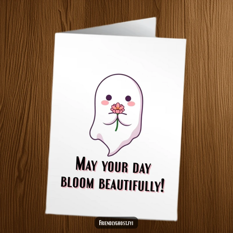 Funny Free Printable Birthday Card: Gentle ghost floating down holding a blooming flower, peaceful birthday greeting.