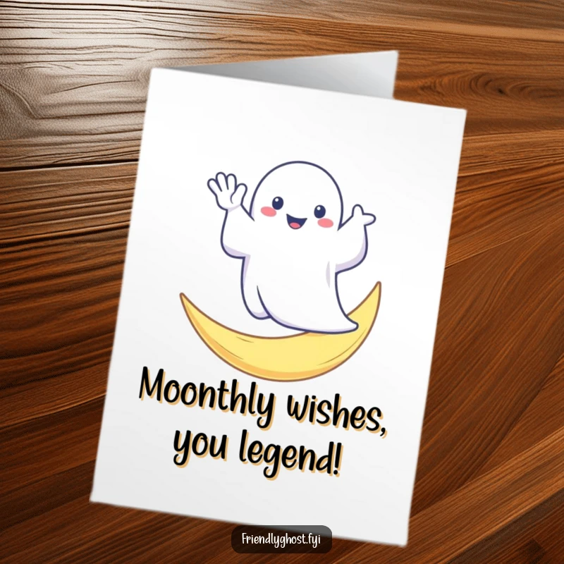Funny Free Printable Birthday Card: Ghost waving cheerfully from a crescent moon, ready to send happy wishes.